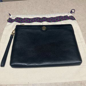 Tory Burch Robinson Black Pebbled Leather Clutch /  Wristlet